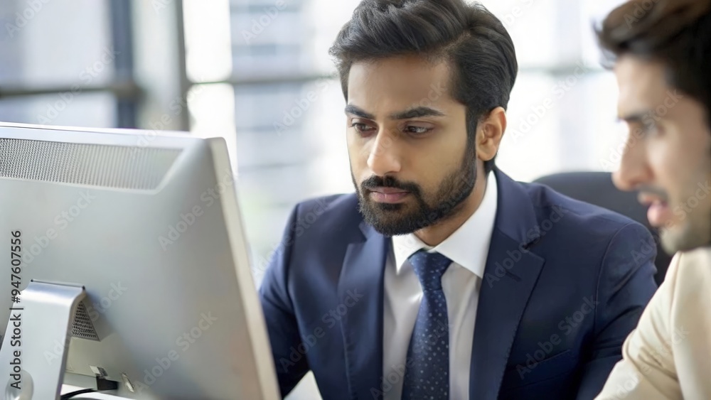 An Indian banker reviewing a client’s portfolio on a computer screen.
An Indian banker reviewing a client’s portfolio on a computer screen.
