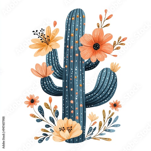 Watercolor illustration of a blooming cactus with flowers.