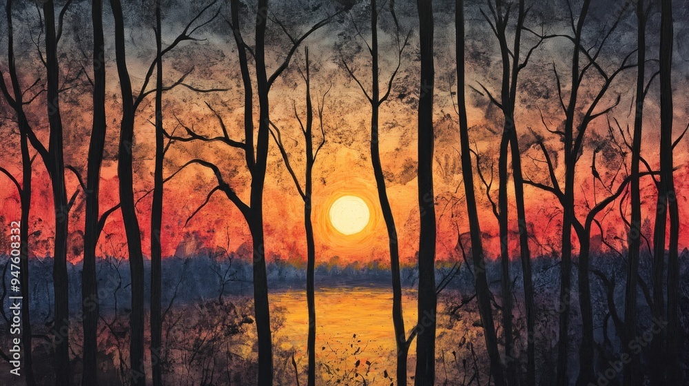 Obraz premium Sunset Painting with Trees