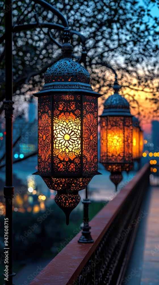 Ornate lanterns glow at dusk. Ornate lanterns glow at dusk.