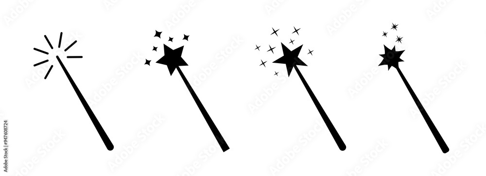 Magic wand with a stars. Set of magic wand icons. Magic stick for apps and web sites. Vector illustration. Magic wand with a stars. Set of magic wand icons. Magic stick for apps and web sites. Vector illustration.