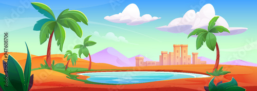 Arabian city and desert oasis with tropical lake. Vector cartoon illustration of sunny scenery with sandy dunes, pyramids and town buildings on horizon, green grass and palm trees around blue water