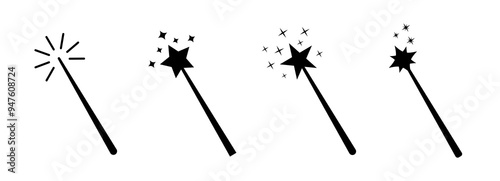 Magic wand with a stars. Set of magic wand icons. Magic  stick for apps and web sites. Vector illustration.