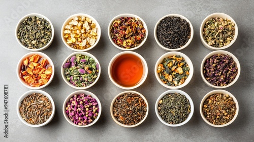 Various Herbal Teas on Grey Table Top View