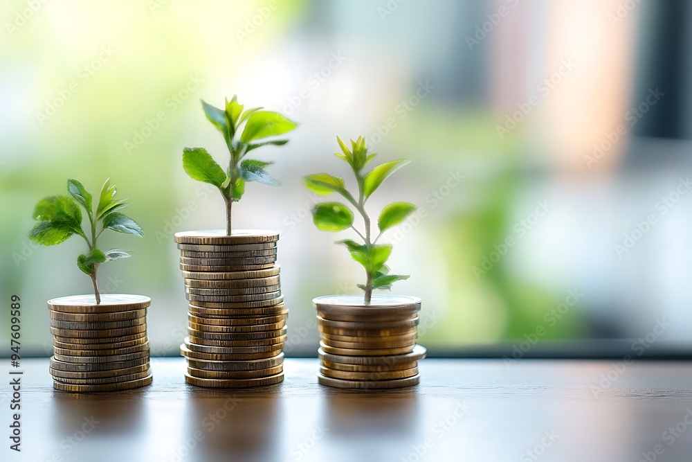 Growing Money: Coins and Plants, Financial Success Concept