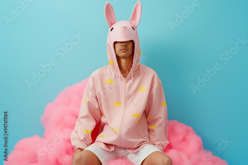 A person in a pink hoodie with bunny ears, sitting on a pink cloud-like cushion against a pastel blue background. A playful and imaginative fashion portrait blending whimsy with comfort. photo