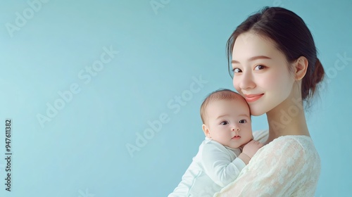 Beautiful Mother Enjoying Time with Adorable Newborn Baby on Light Blue Background