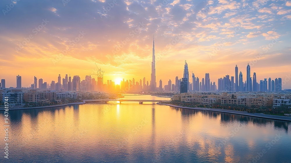 Morning Dubai Skyline View near Tolerance Bridge in Dubai. copy space for text. Morning Dubai Skyline View near Tolerance Bridge in Dubai. copy space for text.