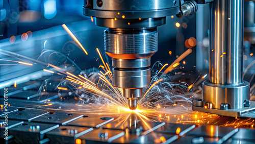 A laser cutting system is actively cutting metal, generating bright sparks in a well-lit workshop filled with advanced machinery and equipment photo