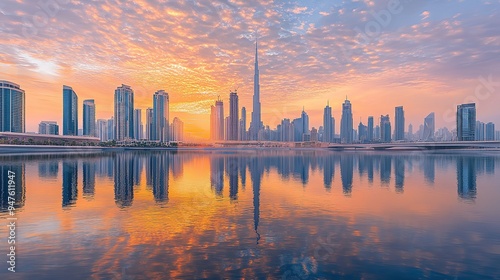 Morning Dubai Skyline View near Tolerance Bridge in Dubai. copy space for text.