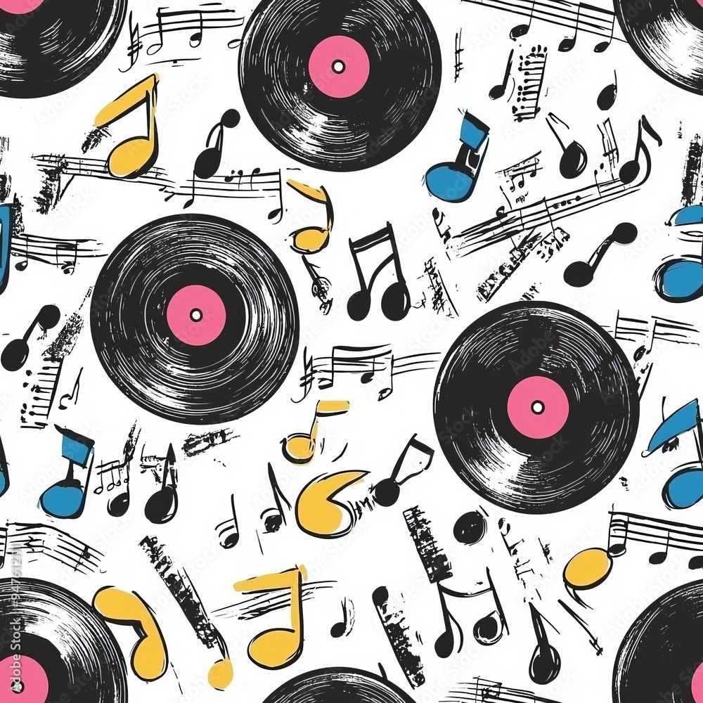 Obraz premium Seamless pattern of vinyl records and musical notes