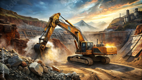 A large excavator digs into the ground at a construction site beside a dam during sunset, creating a dramatic backdrop with mountains in the distance photo