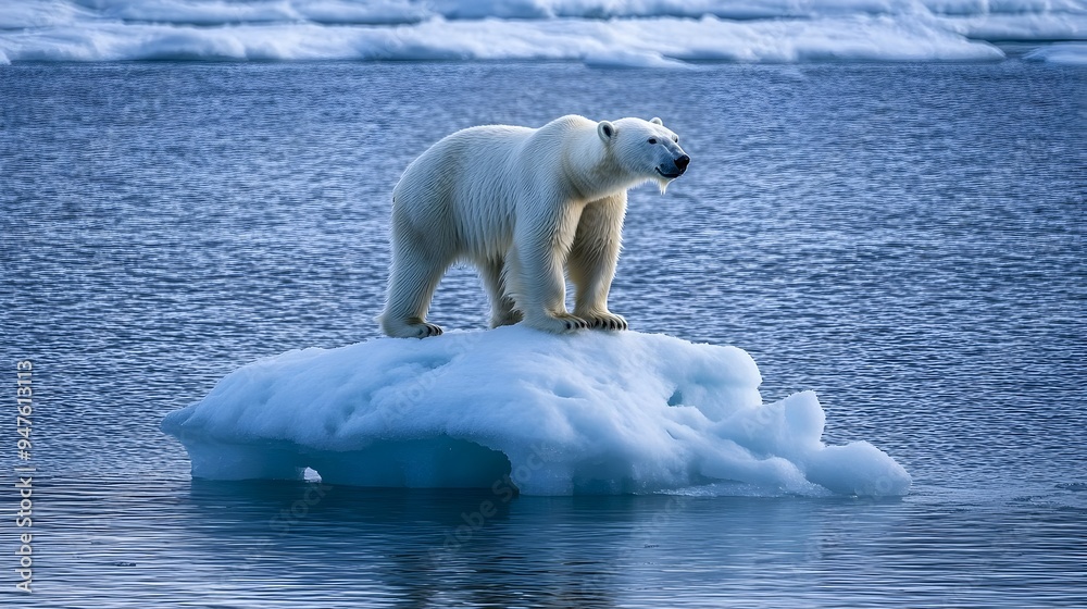 Fototapeta premium Majestic polar bear standing alone on a small isolated ice floe surrounded by the vast open waters of the Arctic ocean a poignant symbol of the effects of climate change on this endangered species
