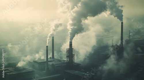 A moody and dramatic aerial photograph showcasing heavy industrial smokestacks emitting thick plumes of smoke into a hazy overcast atmosphere with ample copy space for text or graphic overlay