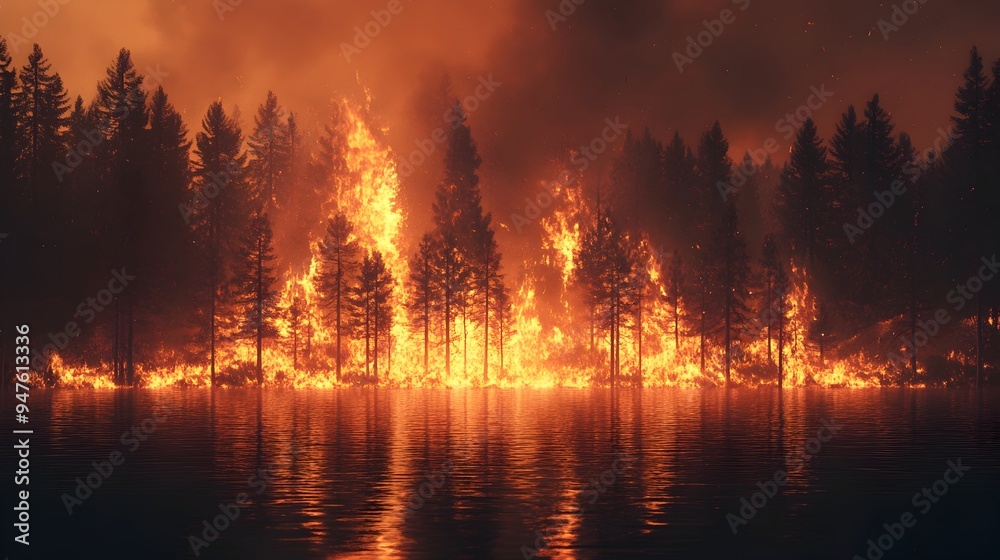 Intense forest fire with towering flames consuming trees Intense forest fire with towering flames consuming trees