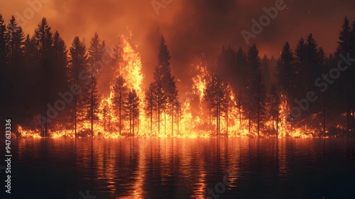 Intense forest fire with towering flames consuming trees