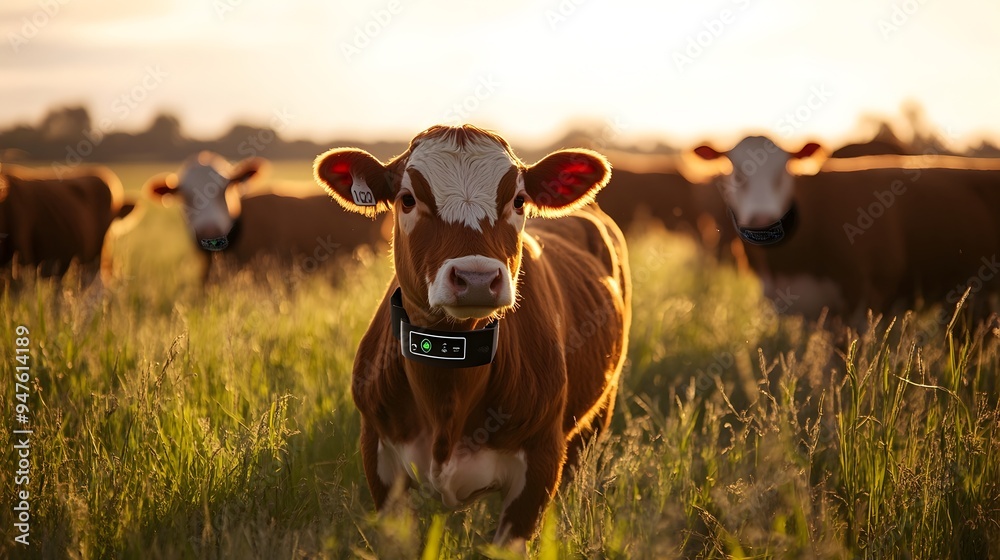 Photograph of wearing IoT collars that monitor and track the health and movement of the animals in a pastoral setting with a lush green field and countryside landscape