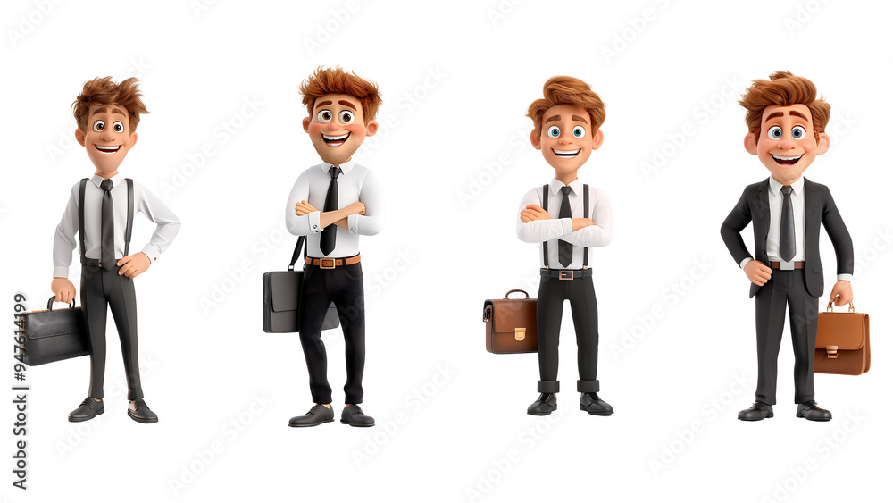 Cartoon Businessman Poses: A fun and engaging set of four cartoon businessmen poses, perfect for your business presentations, social media, or website design. He's ready to work! Cartoon Businessman Poses: A fun and engaging set of four cartoon businessmen poses, perfect for your business presentations, social media, or website design. He's ready to work!