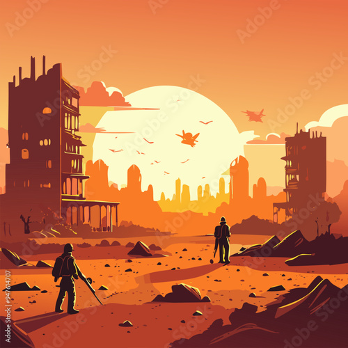 Ruins of old city with two man silhouettes at sunset. Vector illustration in retro style.