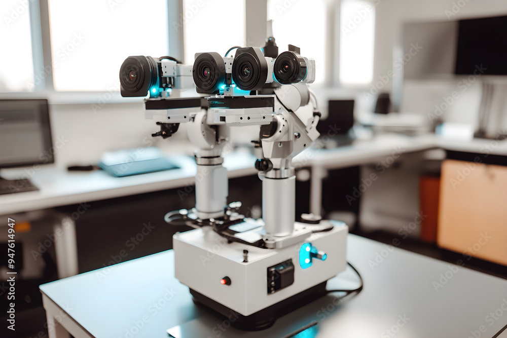 High-tech optical equipment in a modern laboratory setting with multiple cameras and lenses High-tech optical equipment in a modern laboratory setting with multiple cameras and lenses