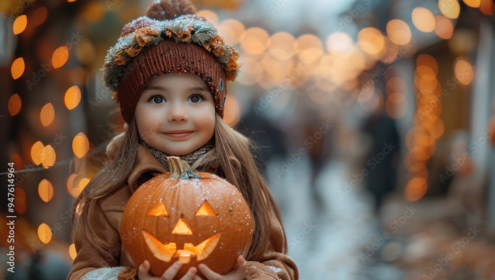 A young girl with a happy face smiles brightly as she holds a lit jack-o-lantern in her hands. A young girl with a happy face smiles brightly as she holds a lit jack-o-lantern in her hands.