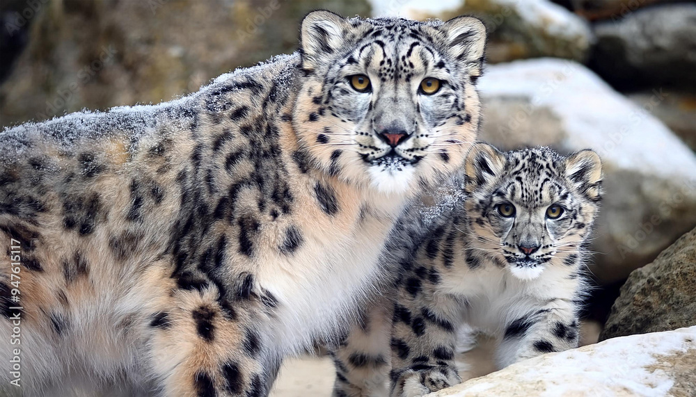 Fototapeta premium ユキヒョウの親子～愛らしいクローズアップ画像。