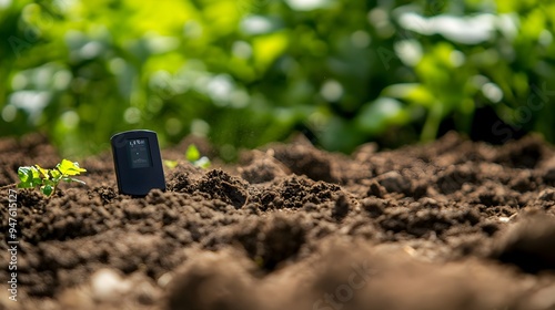 Photograph of smart soil moisture sensors placed in the ground sending real time data to a central system for optimized water management and crop growth in precision agriculture photo