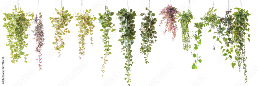 Obraz premium Lush Green Ivy with Cascading Foliage and Sparse Red Blossoms Isolated on Transparent Background, Ideal for Natural Wall Accents and Eco Designs