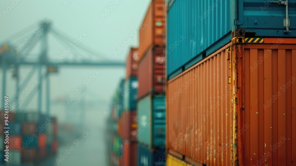Fototapeta premium Aerial view of a bustling container terminal with busy port activity cranes ships and trucks moving freight and cargo