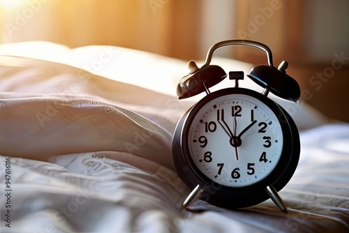 A traditional alarm clock sits on a soft bed, illuminated by warm morning light. Its hands point to early morning, inviting a new day ahead