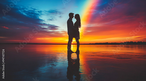 Embracing Love: Silhouette of LGBTQ+ Couple Celebrating Under Rainbow