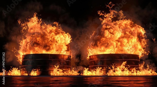 A digital illustration of two burning metal barrels with flames engulfing them against a dark background. photo