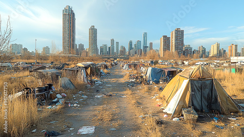 Disparity Unveiled: City Skyline vs. Homeless Encampment - A Visual Tale of Social Inequality