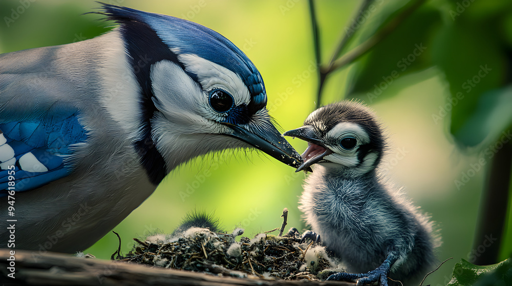 Caring Blue Jay Feeding Baby Bird in Nest on Blurred Green Background Caring Blue Jay Feeding Baby Bird in Nest on Blurred Green Background