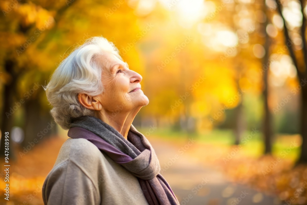 Senior Woman Smiling in Autumn Park with Warm Sunlight.