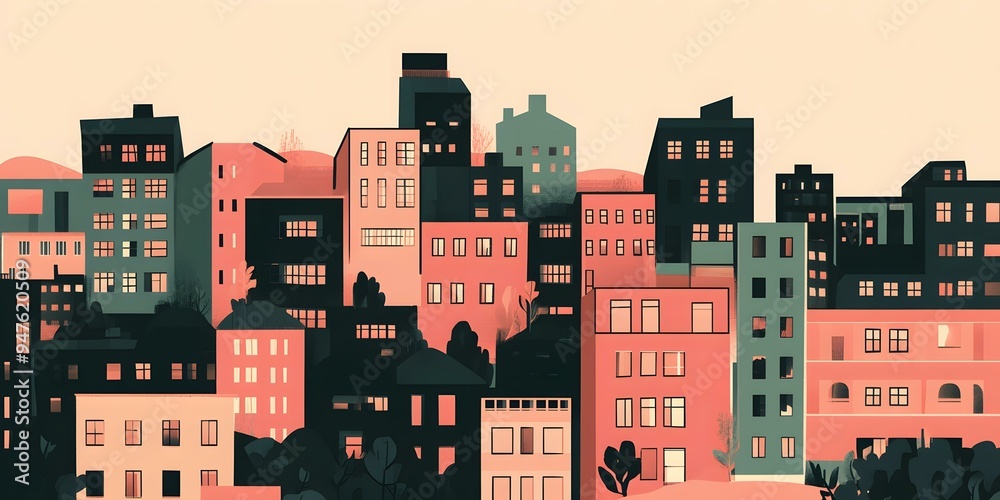 Cityscape Illustration with Buildings in Various Colors Cityscape Illustration with Buildings in Various Colors