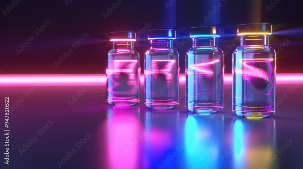 Glowing medical vials on a dark background Glowing medical vials on a dark background