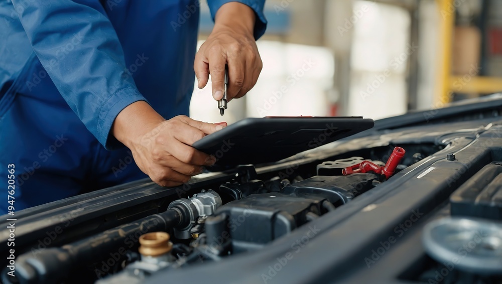 A technician for cars uses a tablet to examine the engine compartment, calculate the vehicle's mileage, replace the oil and perform auto maintenance services. A technician for cars uses a tablet to examine the engine compartment, calculate the vehicle's mileage, replace the oil and perform auto maintenance services.