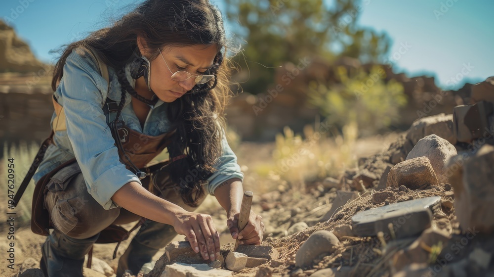 Woman Excavating Archaeological Site With a Tool Woman Excavating Archaeological Site With a Tool