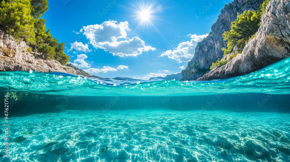 Fototapeta premium Podwodny kadr, pokazujący bezchmurne, słoneczne niebo i krystalicznie czystą wodę morską. 