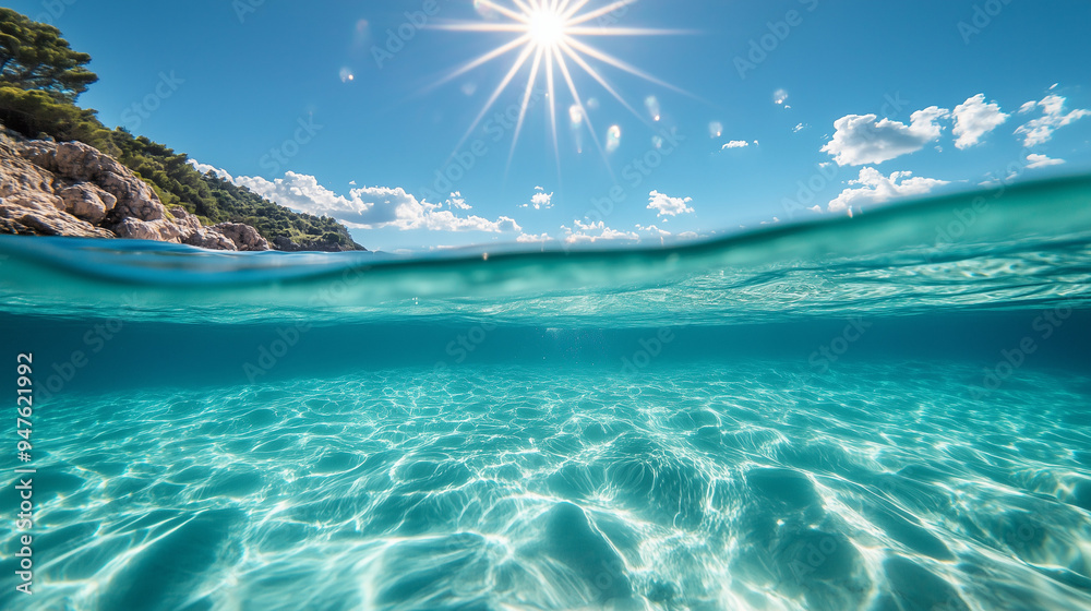 Obraz premium Podwodny kadr, pokazujący bezchmurne, słoneczne niebo i krystalicznie czystą wodę morską. 