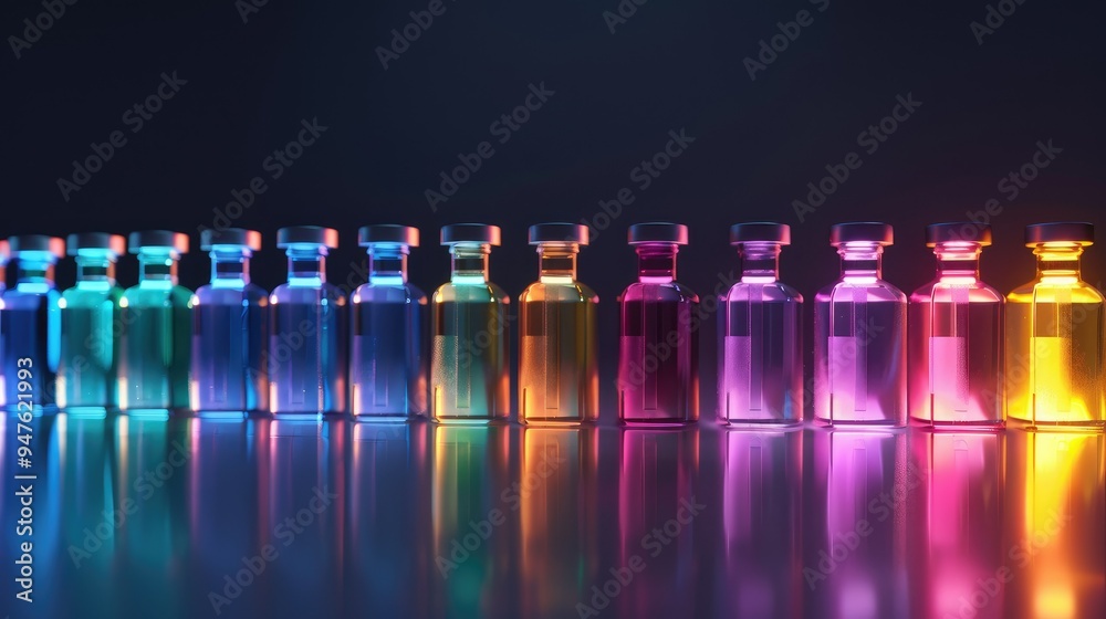 Glowing medical vials on a dark background Glowing medical vials on a dark background