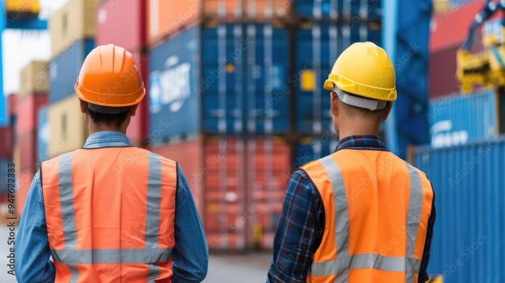 Two hardhat wearing professionals a longshoreman and an engineer working together at a busy port terminal coordinating cargo handling and logistics for efficient shipping and distribution Two hardhat wearing professionals a longshoreman and an engineer working together at a busy port terminal coordinating cargo handling and logistics for efficient shipping and distribution