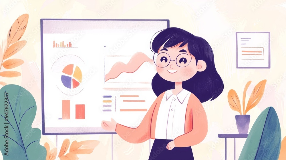 Business meeting, professional woman presenting, large screen display with financial charts, watercolor style Business meeting, professional woman presenting, large screen display with financial charts, watercolor style