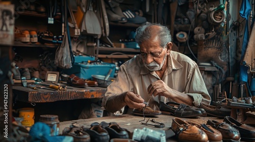 Wallpaper Mural Elderly Shoemaker Mending Leather Shoe in Workshop Torontodigital.ca
