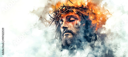 A powerful portrayal of Jesus with a crown of thorns, surrounded by flames and smoke, evoking deep spiritual and emotional resonance through vibrant colors photo