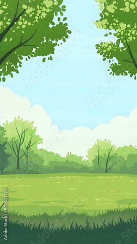 Green Meadow Landscape With Blue Sky and White Clouds Illustration