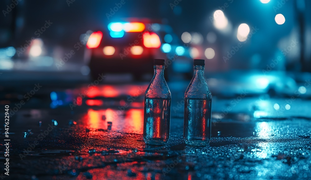 Two empty bottles on the asphalt, a police car in the background at night, blurred lights, a bokeh effect Two empty bottles on the asphalt, a police car in the background at night, blurred lights, a bokeh effect