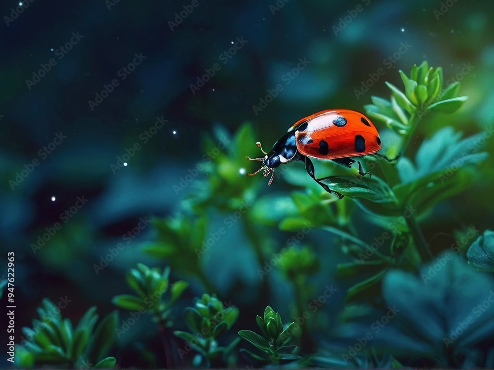 A ladybug crawls on green leaves with a blue and green bokeh background. A ladybug crawls on green leaves with a blue and green bokeh background.