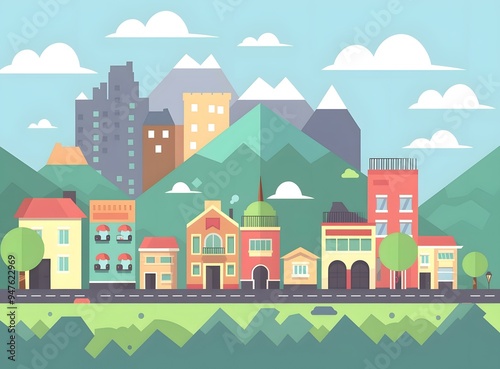 Cartoon Cityscape With Buildings In A Mountain Background